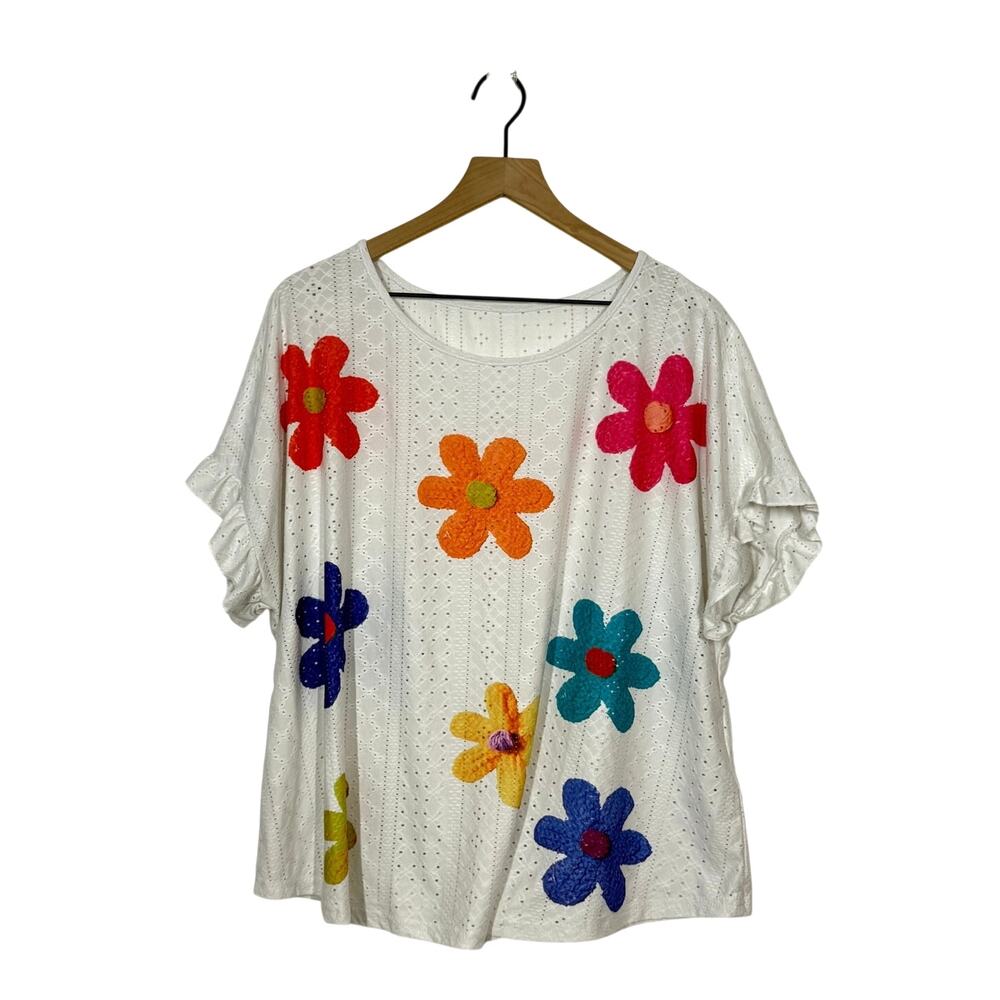 SHEIN Floral Eyelet Top Womens Size 3XL White Ruffle Short Sleeve Summer Boho